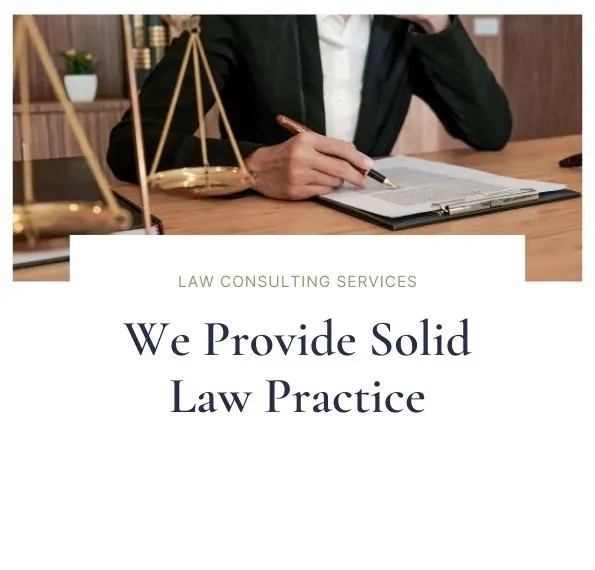 Legal consultant reviewing documents with a justice scale in the background.